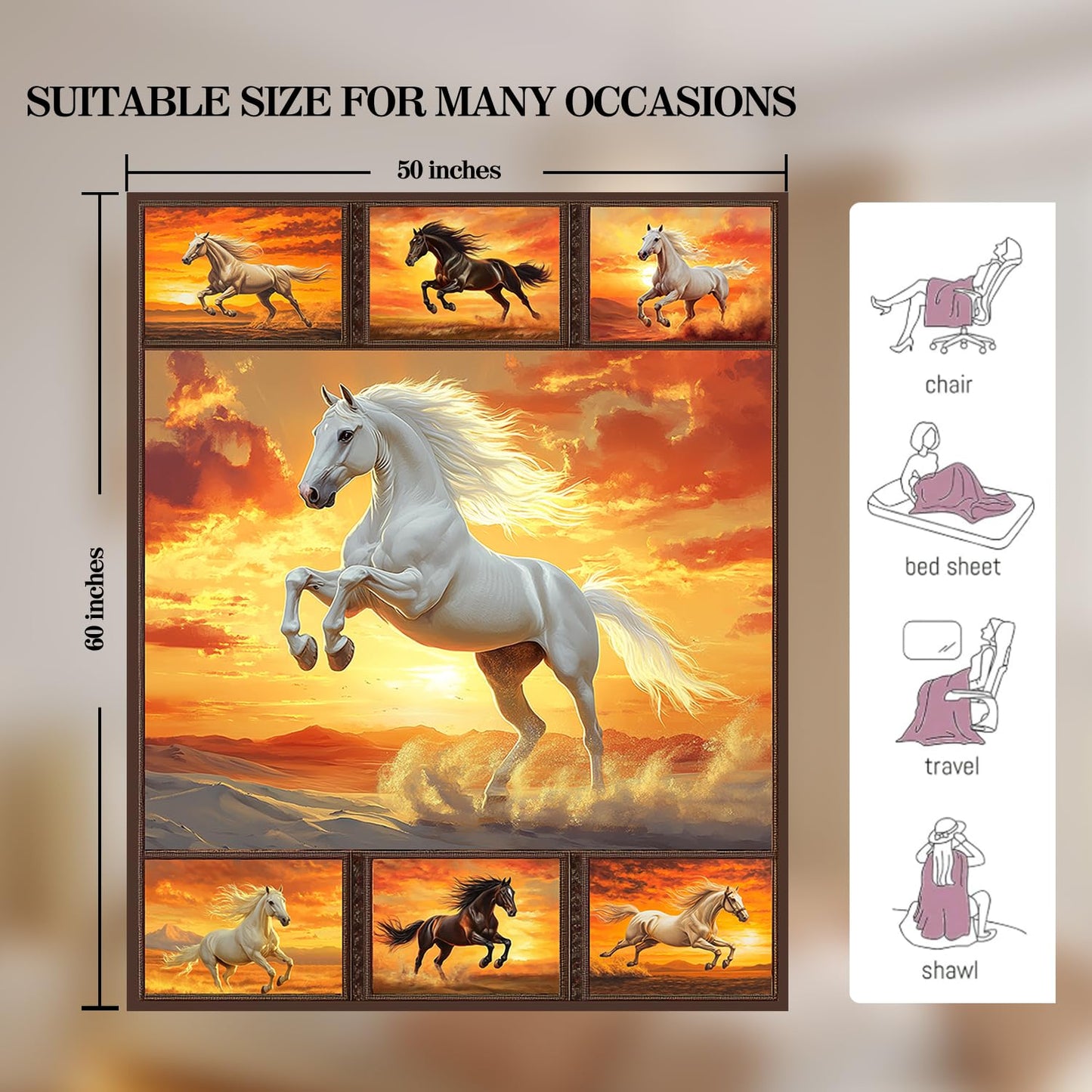 Horse Blanket Horse Decor Cozy Animal Throw Super Soft Plush Flannel Fleece Blanket Gift for Kids Adults Men Women Ultra Warm & Lightweight Flannel, 60"X50"