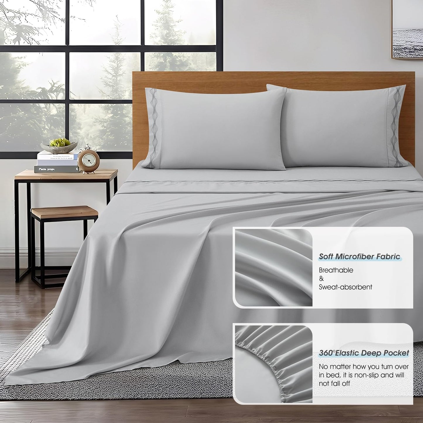 LANCO MODERN LIFESTYLE Queen Comforter Set, Blue, 15 Pieces Room in a Bag, Ultra Soft Jacquard with Patchwork, Luxury Bed Set with Sheets, Curtains, Bed Skirt, Pillow Shams, Cases and Pillows