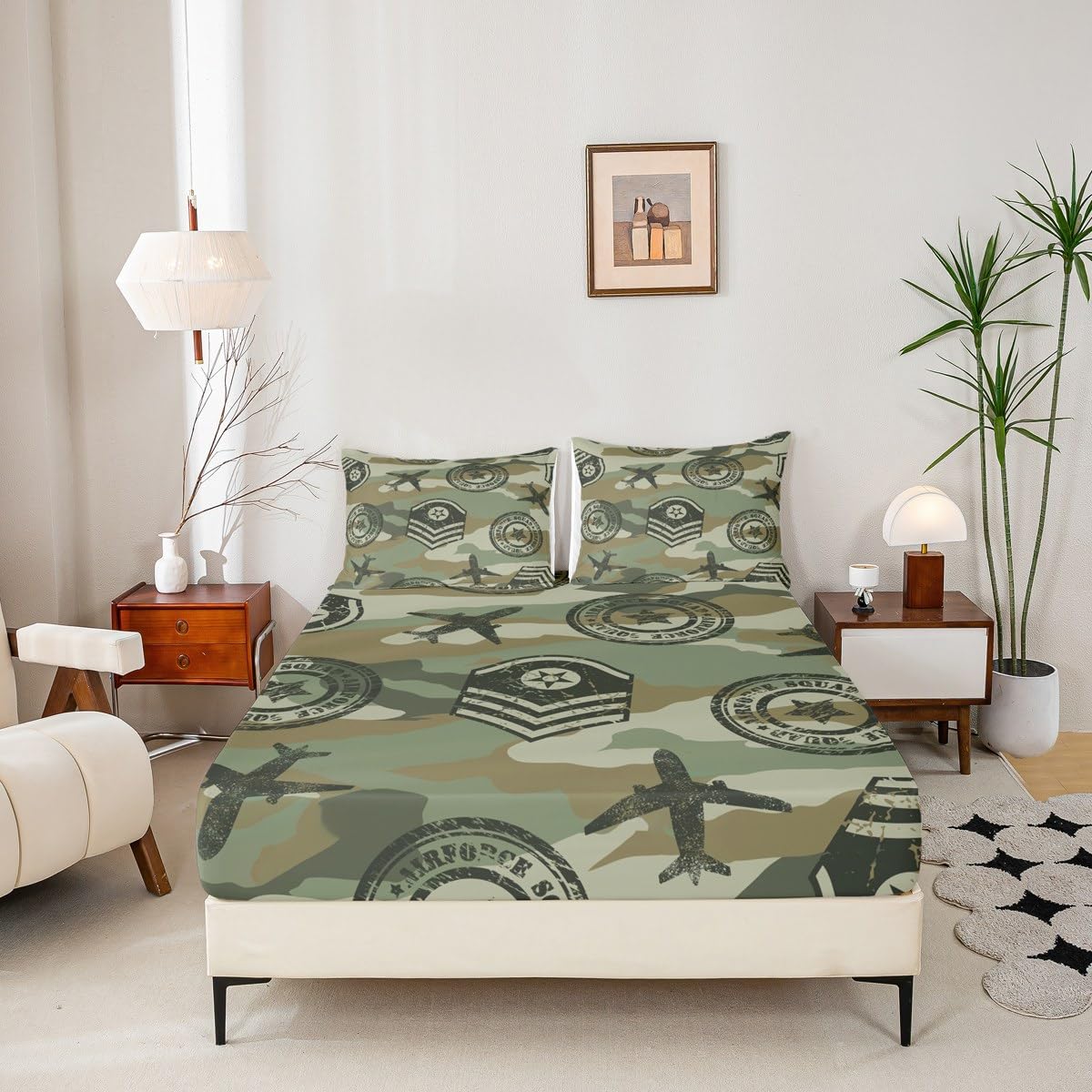 Kids Camo Airplane Bed Sheet Set Camouflage Airplane Decor Bedding Sheets for Teens Boys Military Aircraft Bedding Fitted Sheet Novelty Modern Army Green Bed Cover Bedroom Collection 3Pcs Full Size