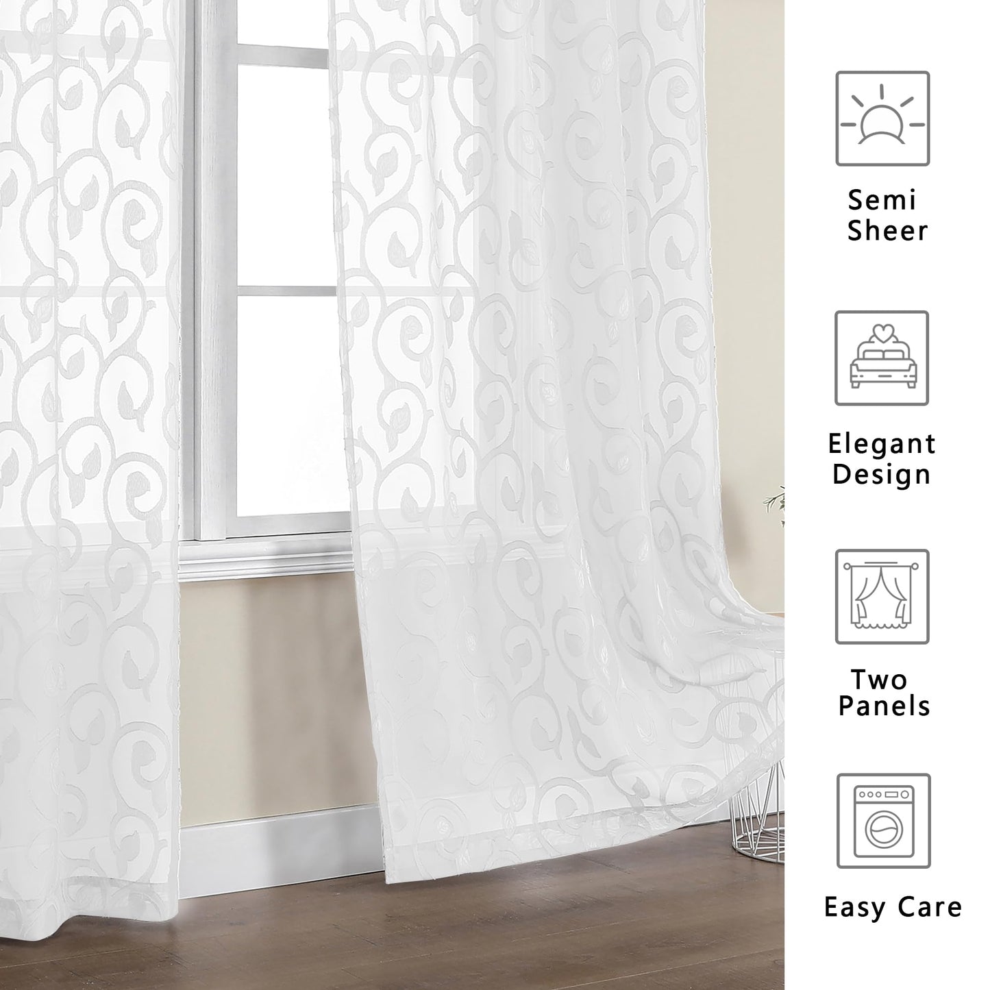 OWENIE Furman Sheer White Curtains 84 inches Long for Bedroom Living Room 2 Panels Set, White Curtains Jacquard Clip Light Filtering Semi Sheer Curtain Rod Pocket Window Drapes, 2 Pcs Each 40 W 84 L