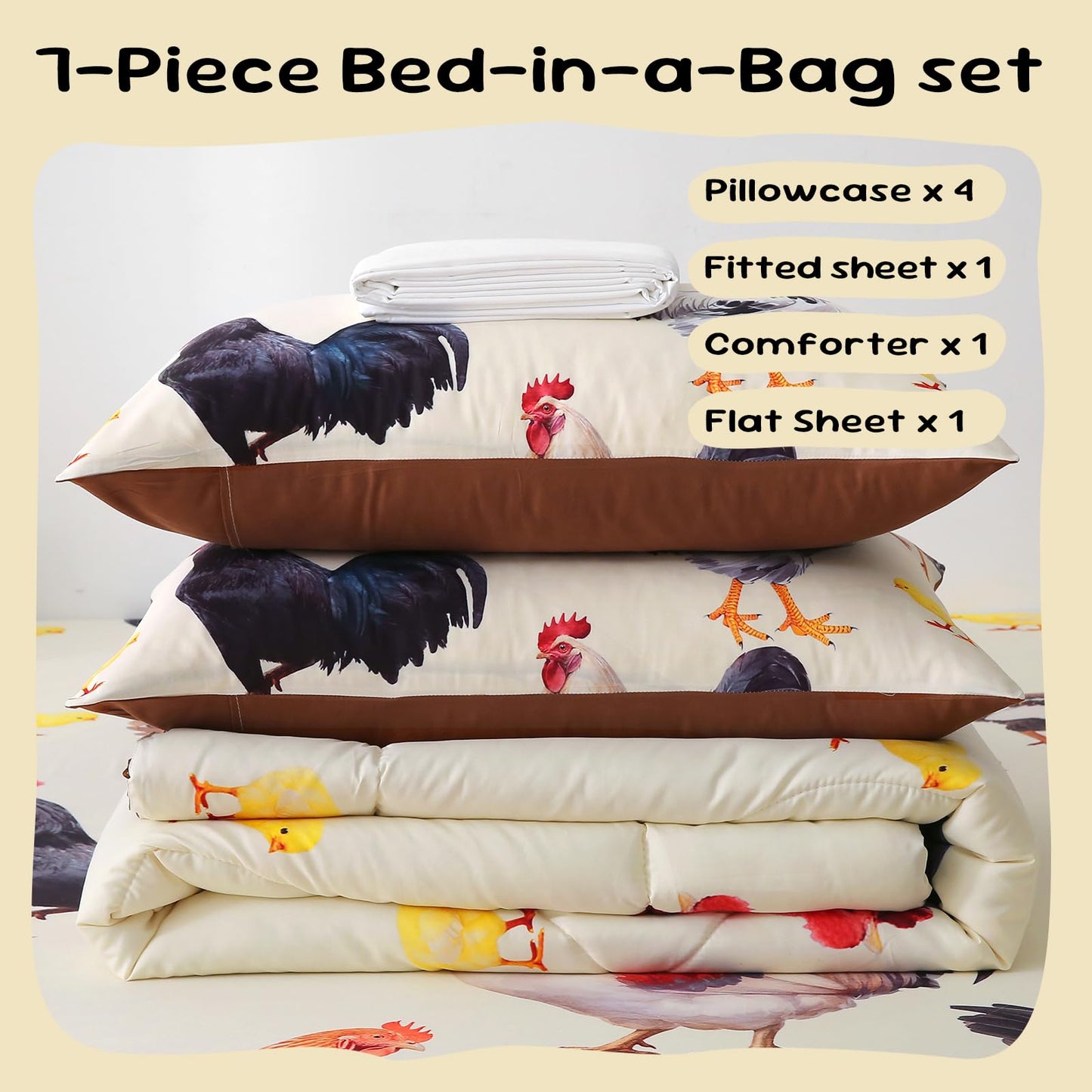 Wajade Chicken Comforter Set 7 Pcs Animal Theme Bedding Set Queen Size for Kids Adults Chicken Quilt Farm Theme Printed Pattern for Thanksgiving Birthday