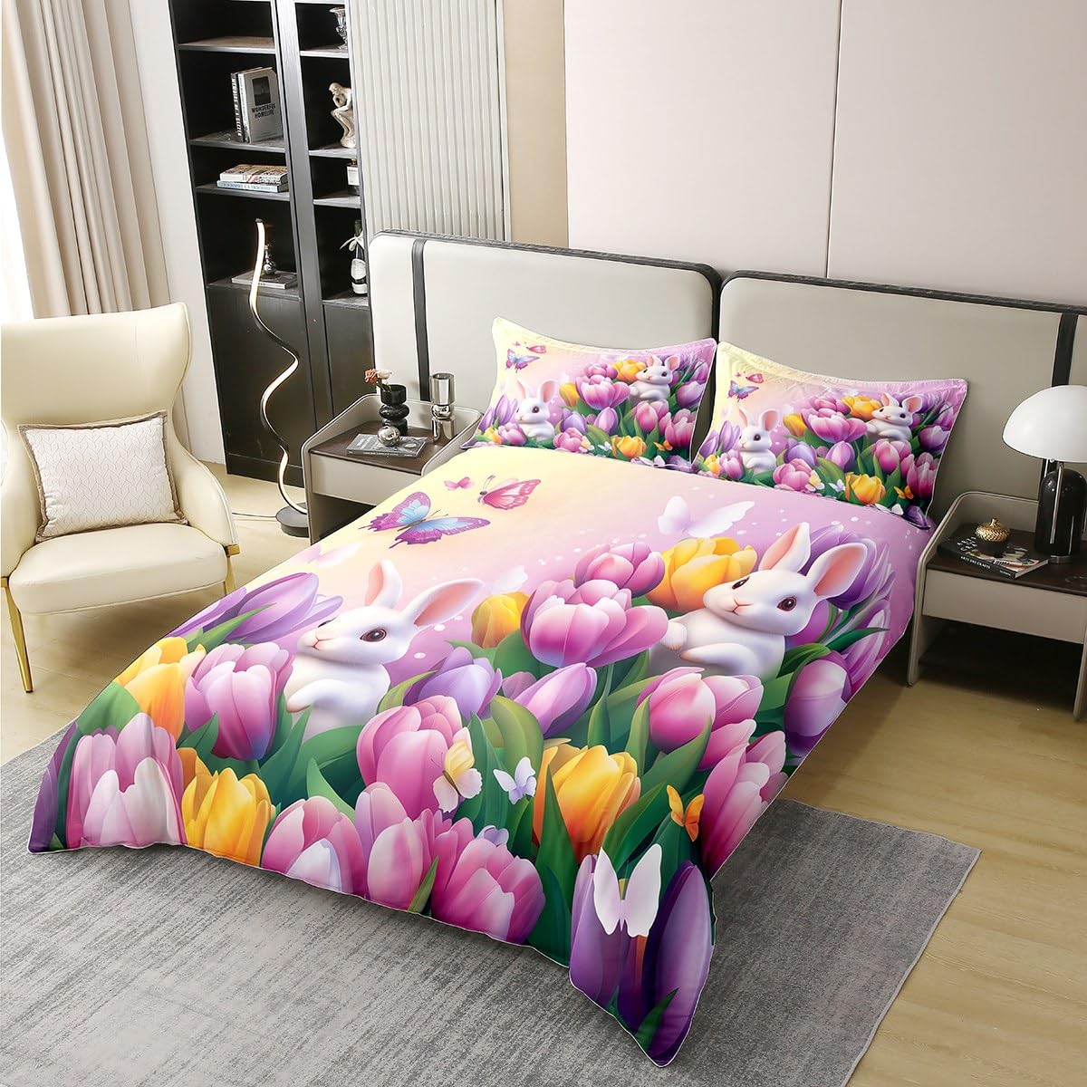 Erosebridal Pastel Tulip Comforter Cover Twin Size 100% Cotton Cover Spring Tulip Flowers Duvet Cover Pink Purple Garden Floral Bedding Set Cute Kawaii Rabbit Bed Set for Kids Boys Girls