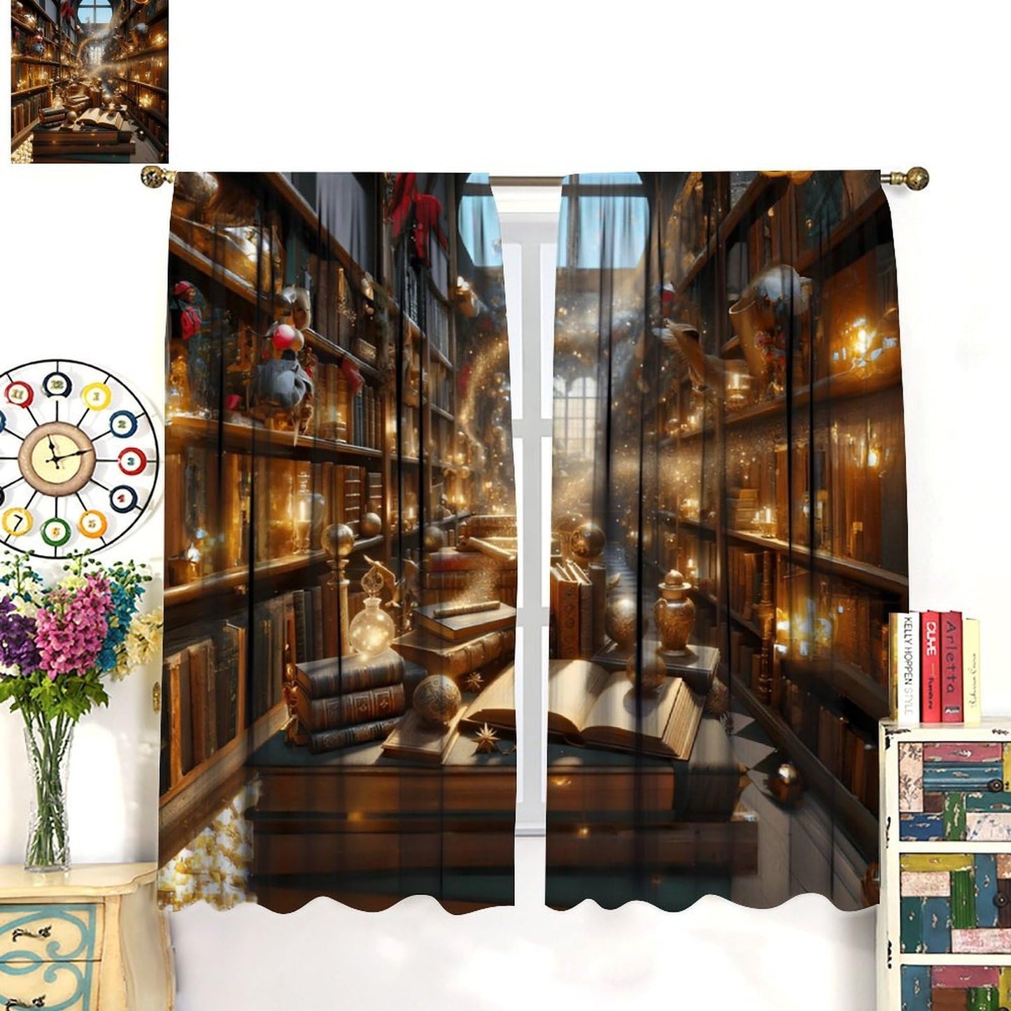 Nsbul Magical Wizarding Library Curtains, Retro Mid Century Books Bookshelf Fantastic Window Treatment for Bedroom Living Room Office Study Decor, 42" W X 45" L(No Blackout)