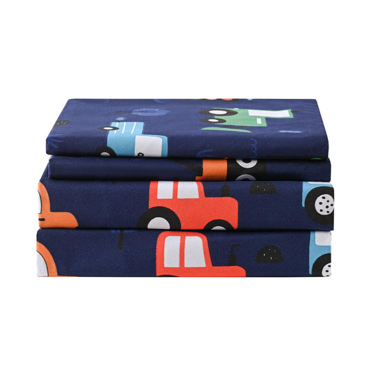 Yibeizi Car Twin Sheets Set for Boys, Kids Cute Bedsheets Navy Blue Microfiber Deep Pocket Toddler Bed Sheet & Pillowcase Sets 3 Pieces