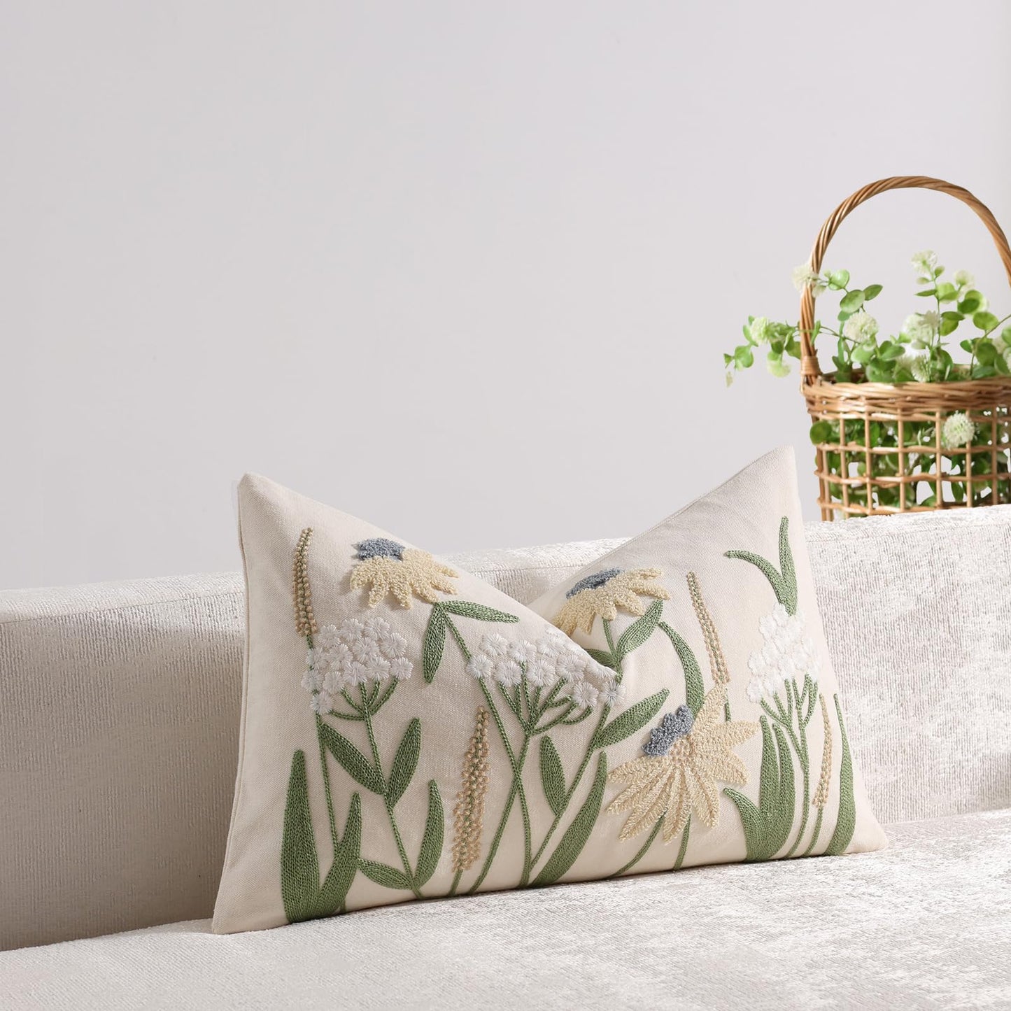 DEZENE Floral Embroidered Decorative Lumbar Pillow Cover 12x20 Spring Summer Boho Cute Accent Throw Pillow Cover for Living Room Couch Bedroom Sofa Home Decor