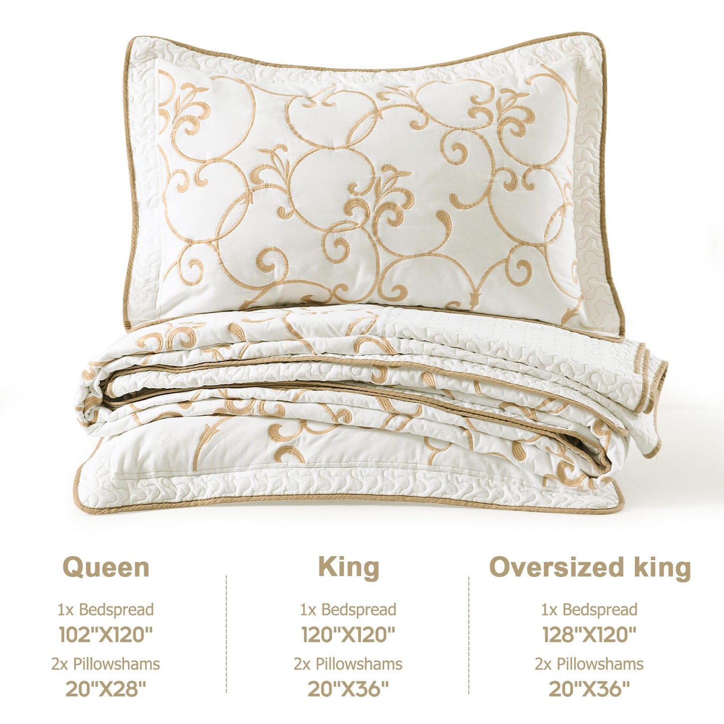 Finlonte Oversized King Bedspread 120"x120" - 100% Cotton Vine Embroidery Cal King Quilted Bedspread, Off-White(Ivory) Bedspread Coverlet Golden Vine, Lightweight Extra Large Quilt with 2 Pillowshams