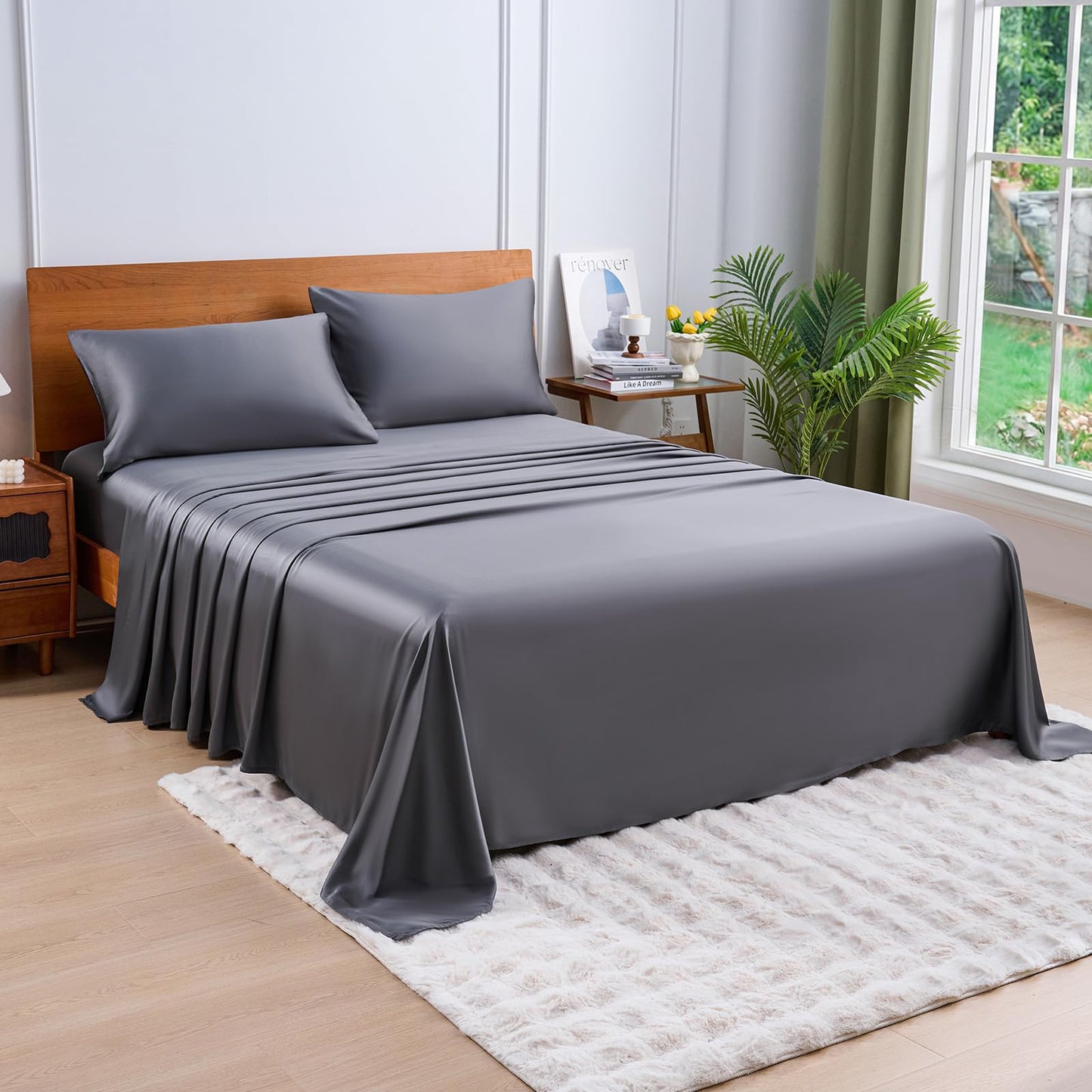 YIYEA 100% Viscose Derived from Bamboo Sheets, 600 Thread Count Cooling Bed Sheet Set for Hot Sleepers, Silky Soft, Breathable, 16" Deep Pocket, 4PC, King, Dark Gray