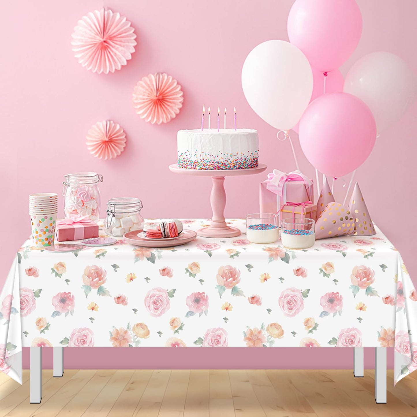 3 Pcs Spring Floral Tablecloth, Pink Wildflower Plastic Disposable Tablecloth Rectangle Table Covers for Easter, Birthday, Wedding, Baby Shower, Tea Party and Mothers Day Decorations,54 x 108 Inch