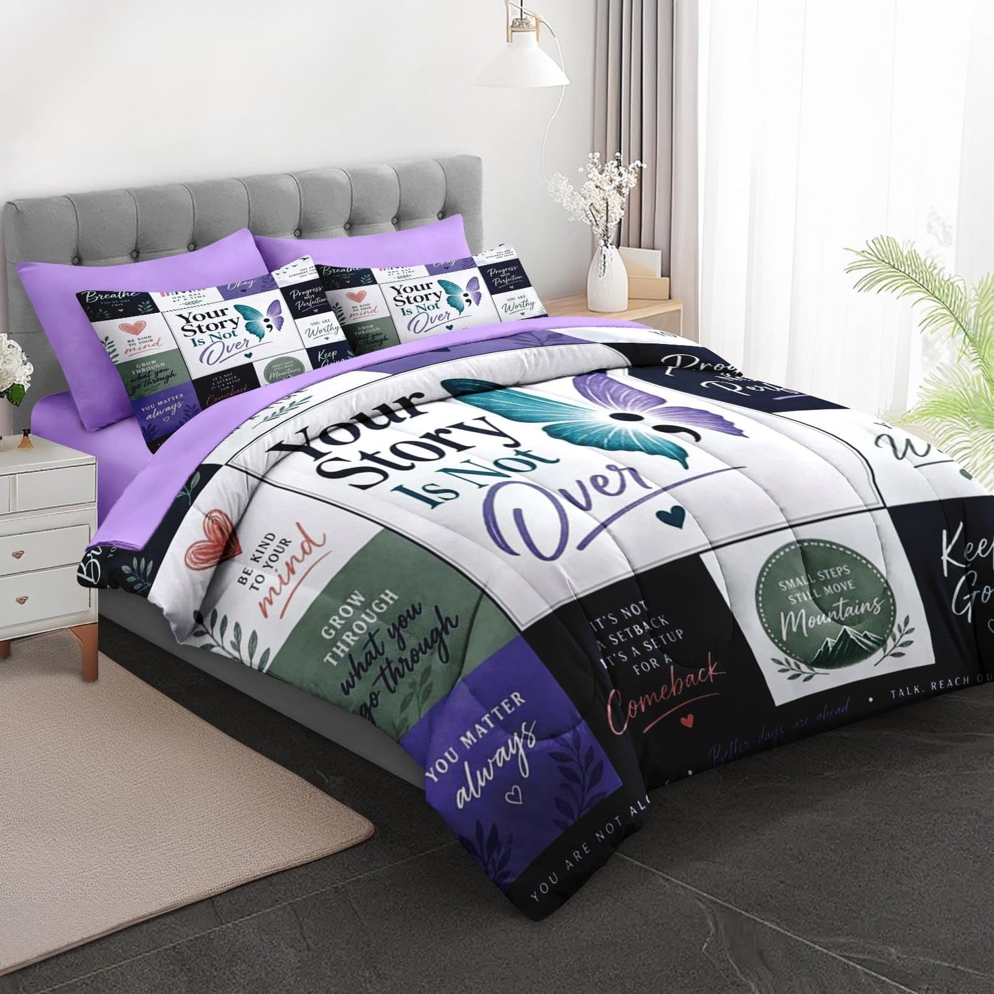 Boewywh Comforter Set Twin Size Inspirational Motivational Butterfly 7 Pcs, Bedding for Kids and Adults, Bed Sheet Sets with Fitted Sheet 2 Pillowcases & 2 Shams for Bedroom Bed Decor