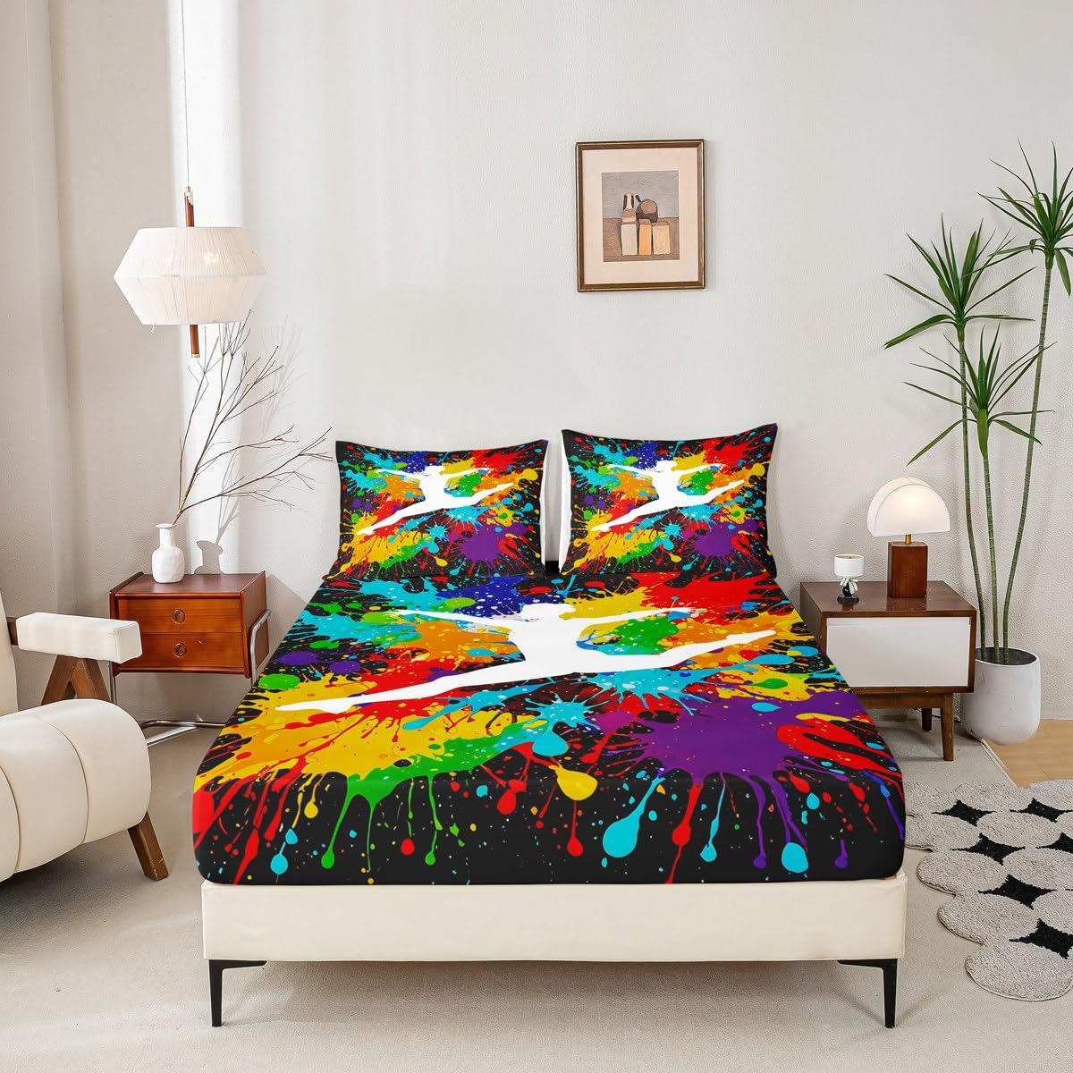Erosebridal Gymnastics Fitted Sheet Deep Pocket Gifts for Girls Kids Full Size Rainbow Tie Dye Bed Sheets,Gymnast Sports Bedding Set Gymnastics Lover Sheets with 2 Pillow Cases Bedroom Decor