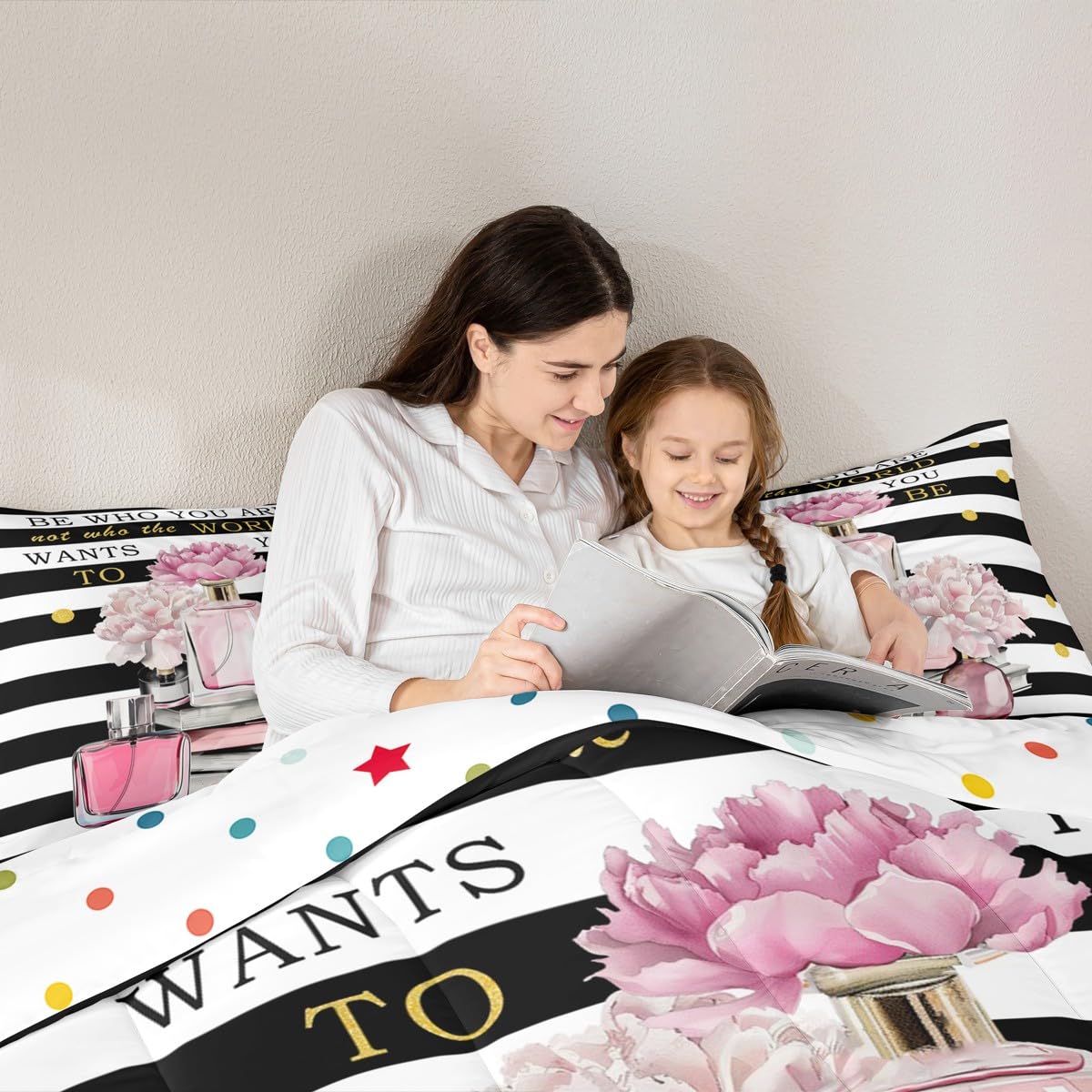 Erosebridal Pink King Bedding Set for Girls Kids Teens Girly Boho Fashion Preppy Cute Comforter Geometric Modern Black and White Stripe Duvet Insert Women Perfume and Book Coquette Bow Quilt