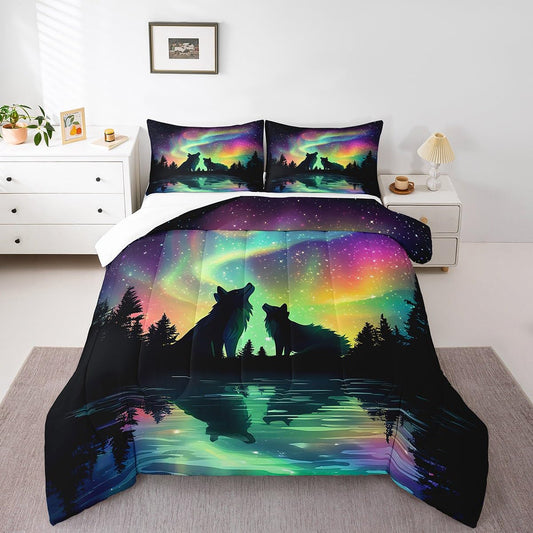 jejeloiu Wolf Bedding Set Full Size Kids Northern Light Comforter for Boys Girls Wildlife Comforter Set Nature Duvet Set Room Decorations Quilt Set