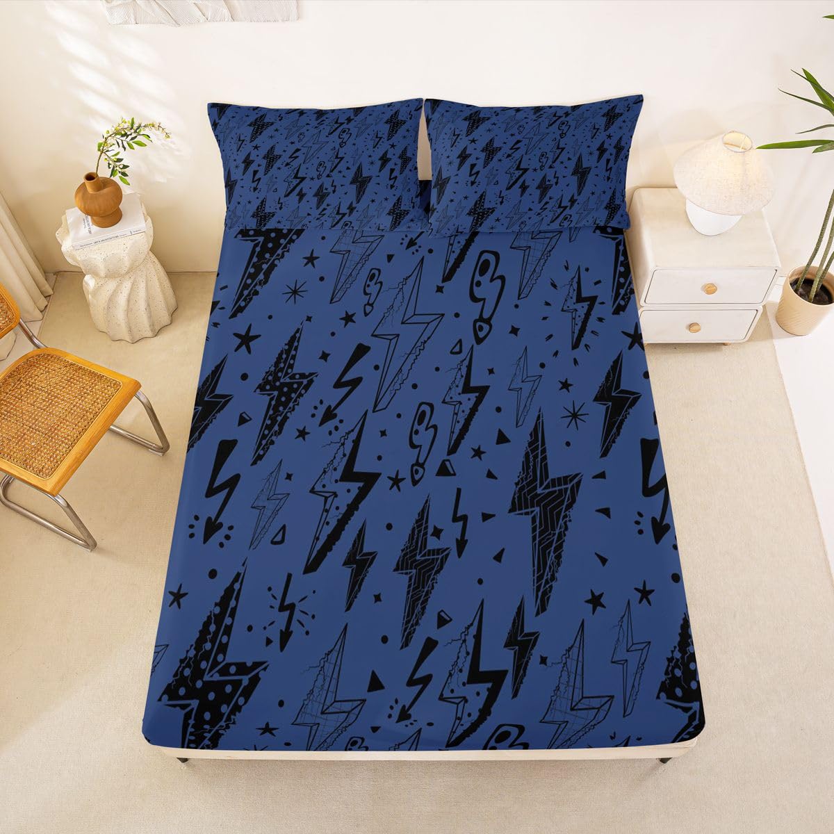 Castle Fairy Black Lightning Fitted Sheet Queen Size (No Flat),Gaming Bedding Sets 3Pcs,Girls Boys Adult Room Decor,Cartoon Natural Warning Bed Sheets Modern Cool Deep Pocket Sheet,2 Pillowcases