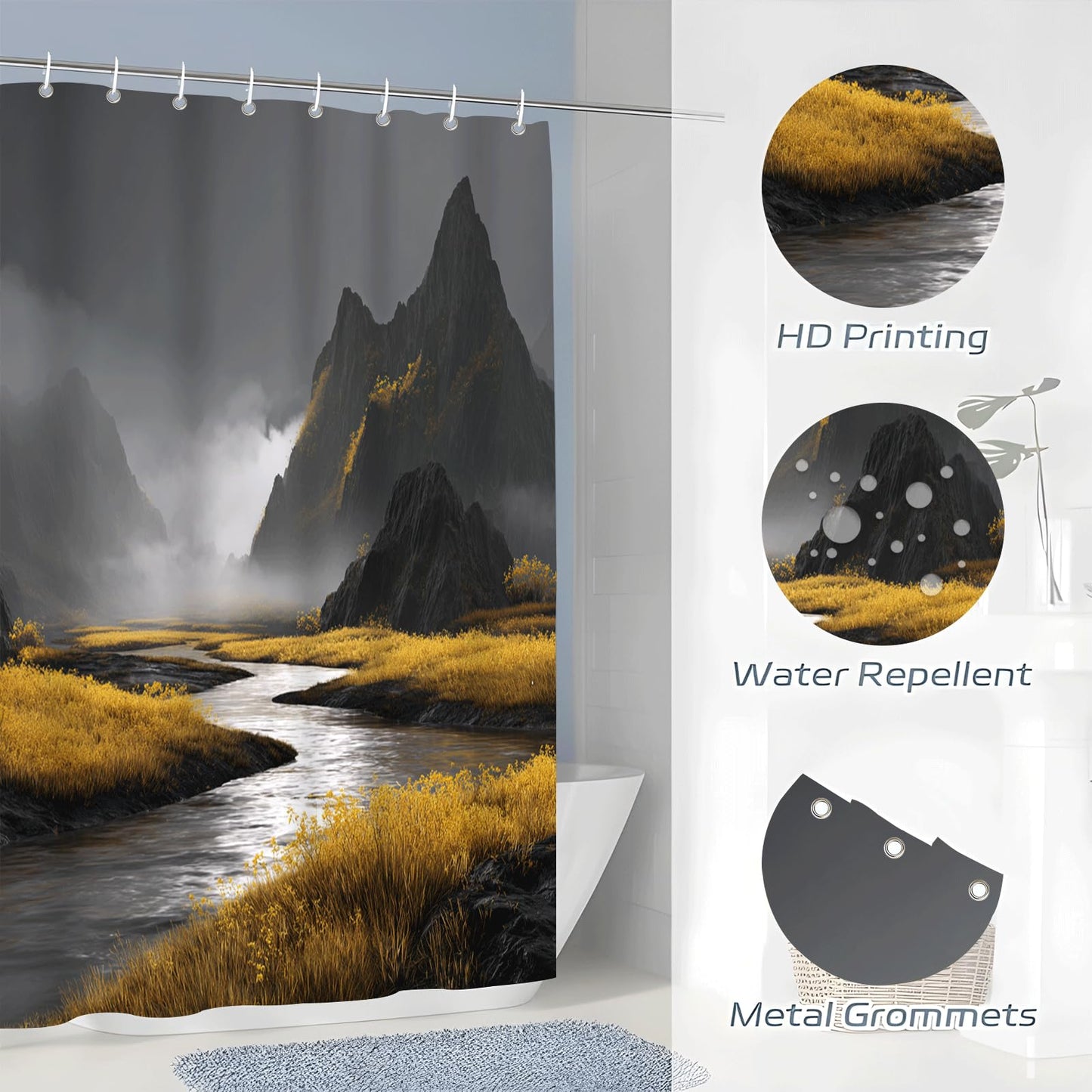 ZROLUW Mountains River Shower Curtain Set 36" W x 72" L Nature Scenery Landscape Bath Curtain Bathroom Fabric Polyester Waterproof Modern Shower Curtains with Hooks