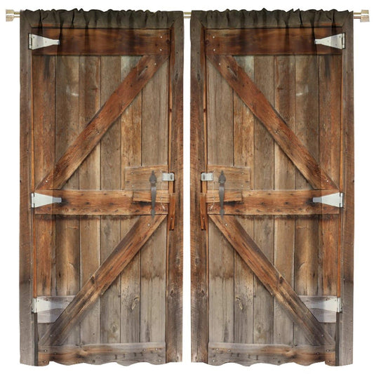 LOMADIA Rustic Barn Door Window Curtains,Retro Farmhouse Vintage Brown Wooden Barn Door Pattern 2 Panels DecorateRod Pocket Curtain for Bedroom Kitchen Living Room Office Drapes 42x45in