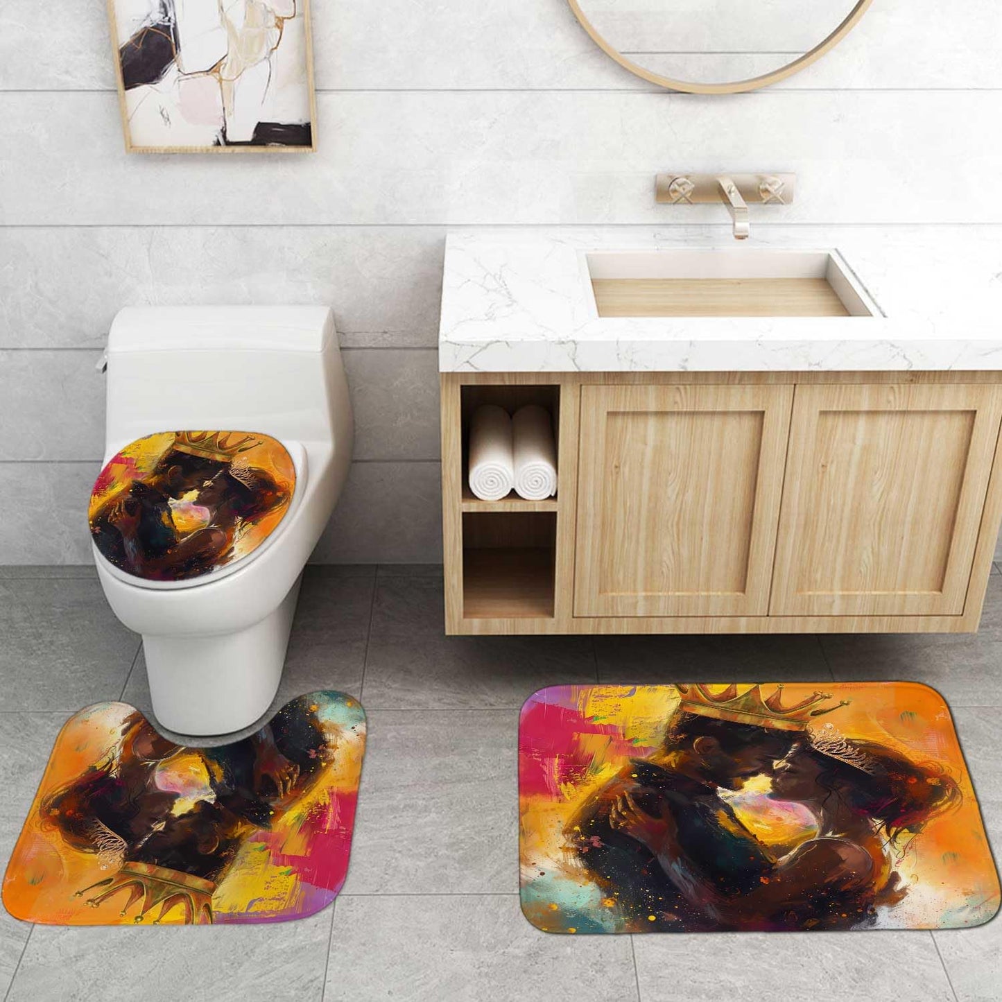 OLEBETY 4PCS African American Shower Curtain Sets with Rugs, Waterproof Fabric Shower Curtain, Oil Painting Art Romantic Black King Queen Afro Couple Lovers Luxury Gold Crown Men Women Bathroom Decor
