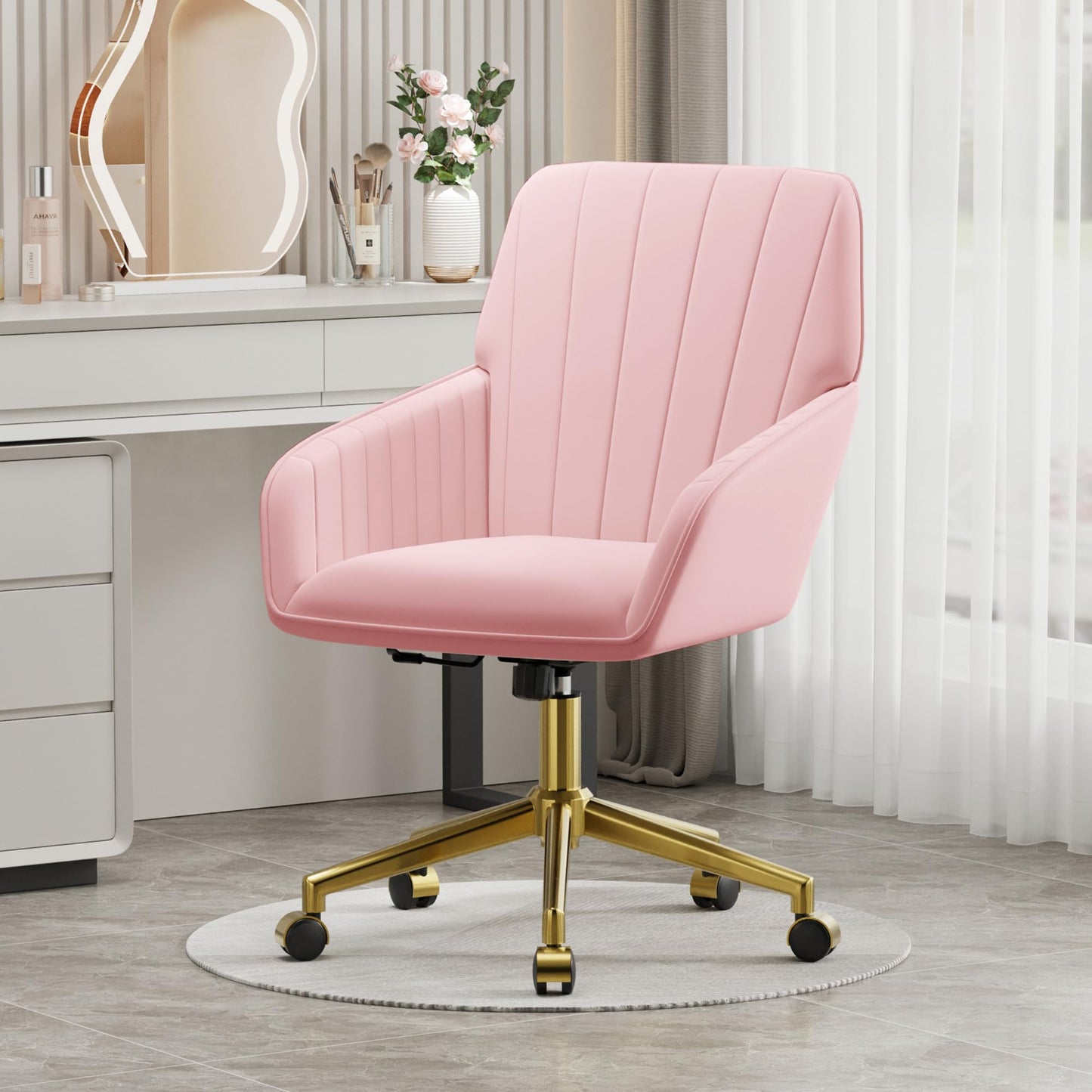YITAI Velvet Office Desk Armchairs with Gold Base and Wheels,Modern Height Adjustable 360 Degree Swivel Upholstered Vanity Chairs for Living/Room Bedroom/Study,Pink
