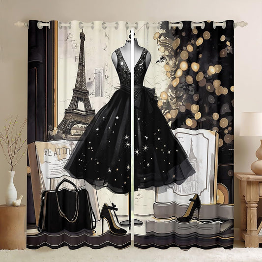 Black Dress Blackout Curtains Modern Fashion Curtains Eiffel Tower Paris Themed Bedroom Curtains Fashion Woman Dress Window Curtains Girls Black High Heels Romantic Makeup Decor Curtains,84"Wx63"L