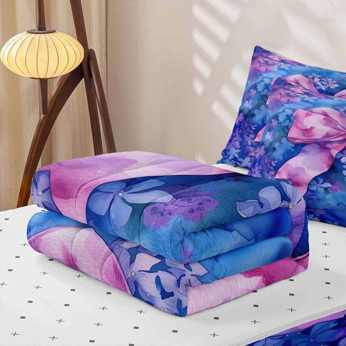 Feelyou Blue Flower Zipper Bedding Purple Bow Comforter Set for Kids Boys Girls Queen Size Cute Ribbon Zippered Kids Bedding Set Ultra Soft Dreamy Princess Style Bed in a Bag