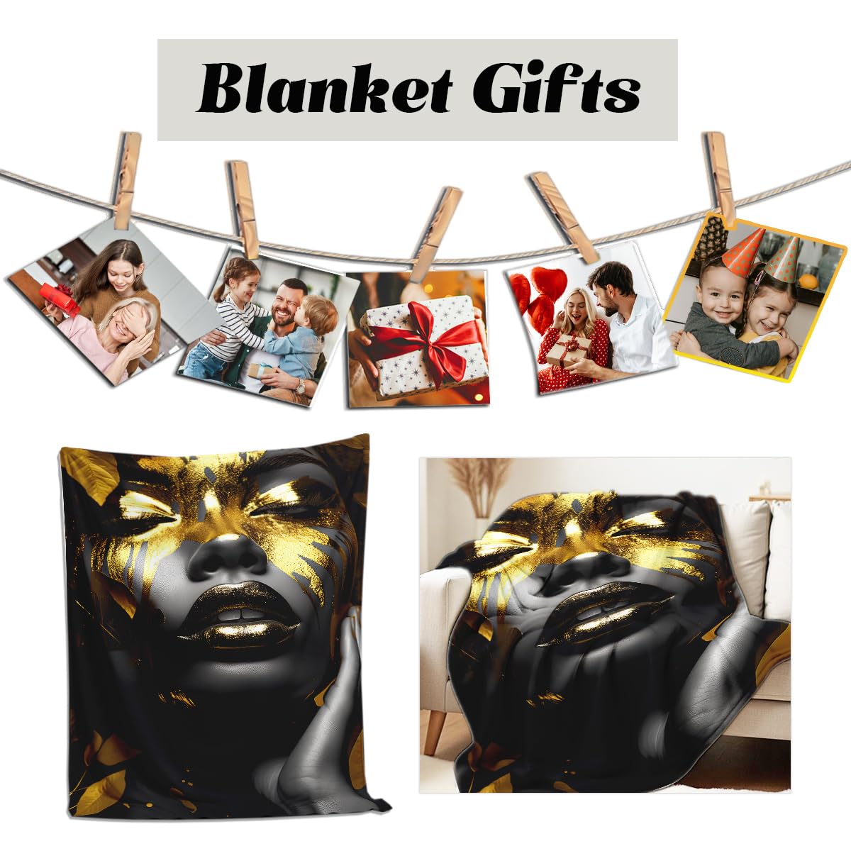 HUNXIAOJ African American Woman Blanket Throw Black Gold Print Flannel Blanket Gifts for Girls Female Women African American Couch Bed Living Room Home Decor 49"x59"