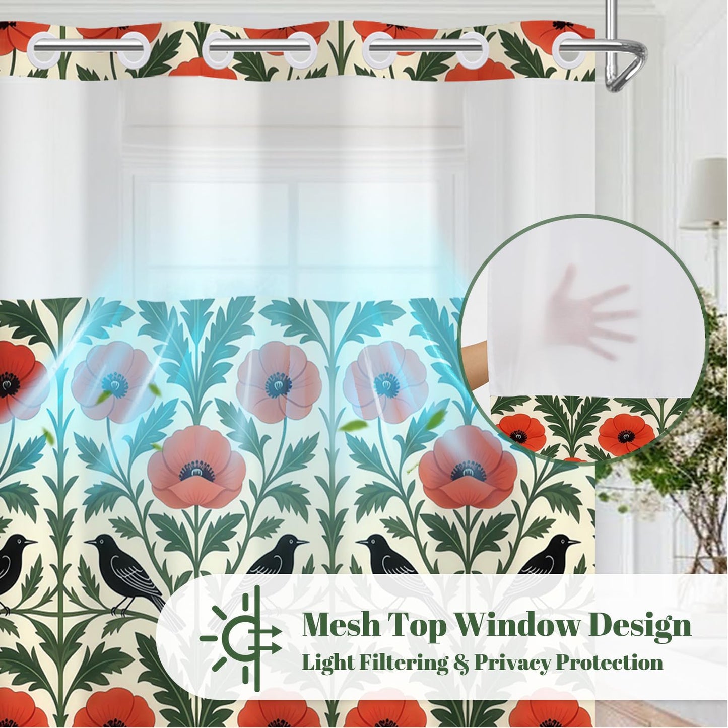 Xiazhilaio Gothic Floral & Bird Shower Curtain with Snap in Liner, 71Wx74L