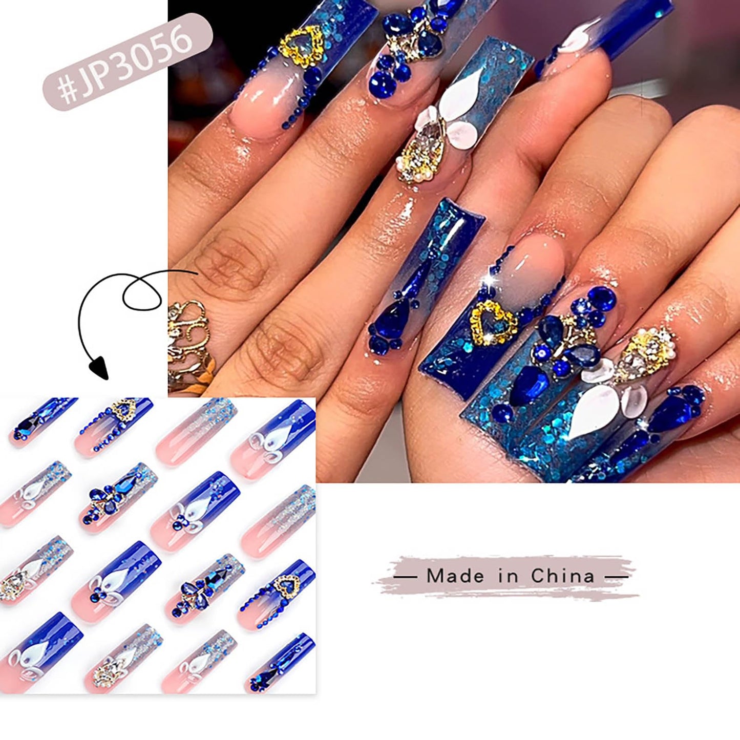 RTKHFZE Extra Long Press on Nails Square Fake Nails French Tip Acrylic False Nails with Blue Gradient Nails Designs with Rhinestones and Flower Artificial Nail Full Cover Glue on Nail for Women