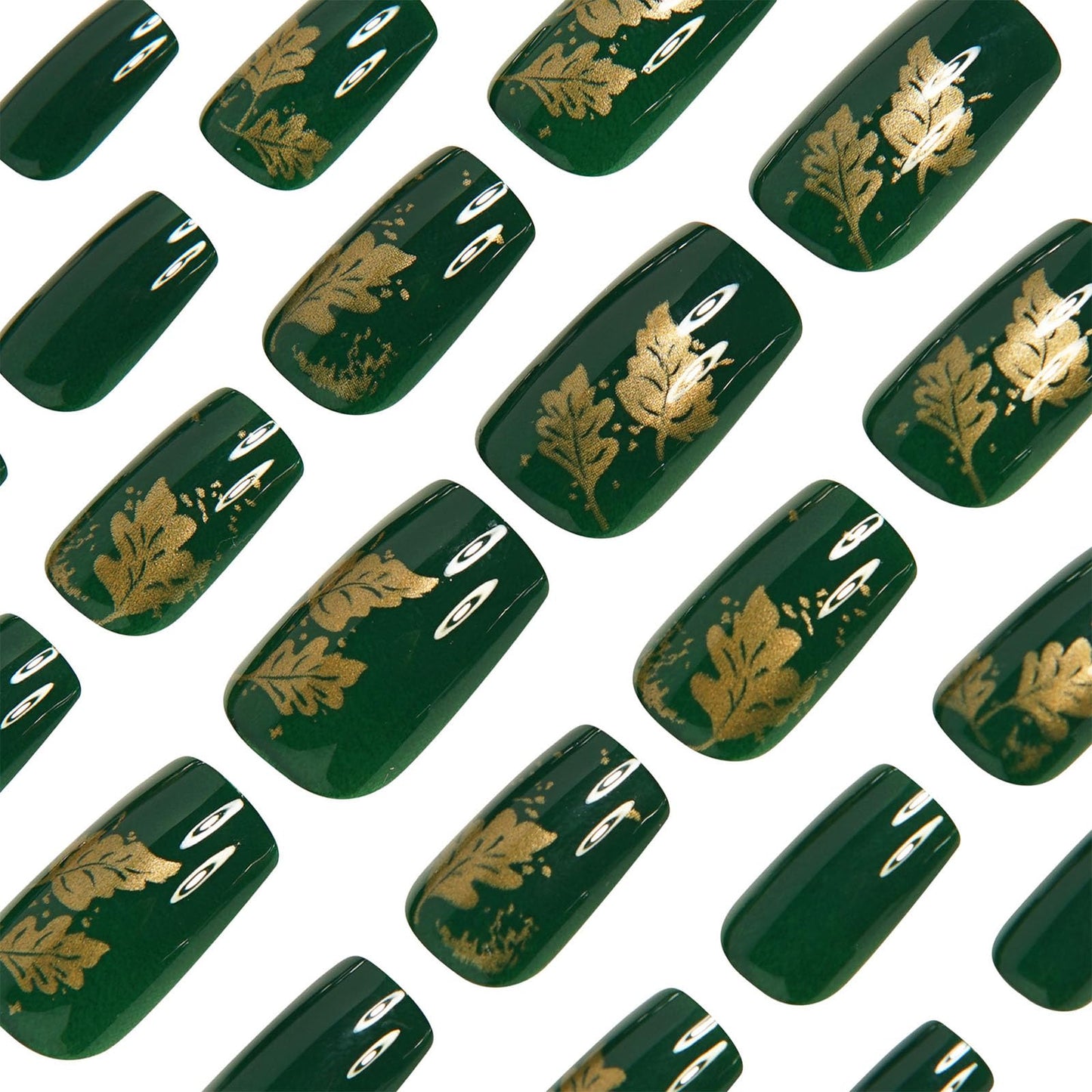 Dark Green Press on Nails Square Medium Fake Nails Glossy Acrylic Stick on Nails with Gold Leaf Designs Full Cover Glue on Nails Solid Color Nail Press ons Artificial Nails Glue on 24Pcs