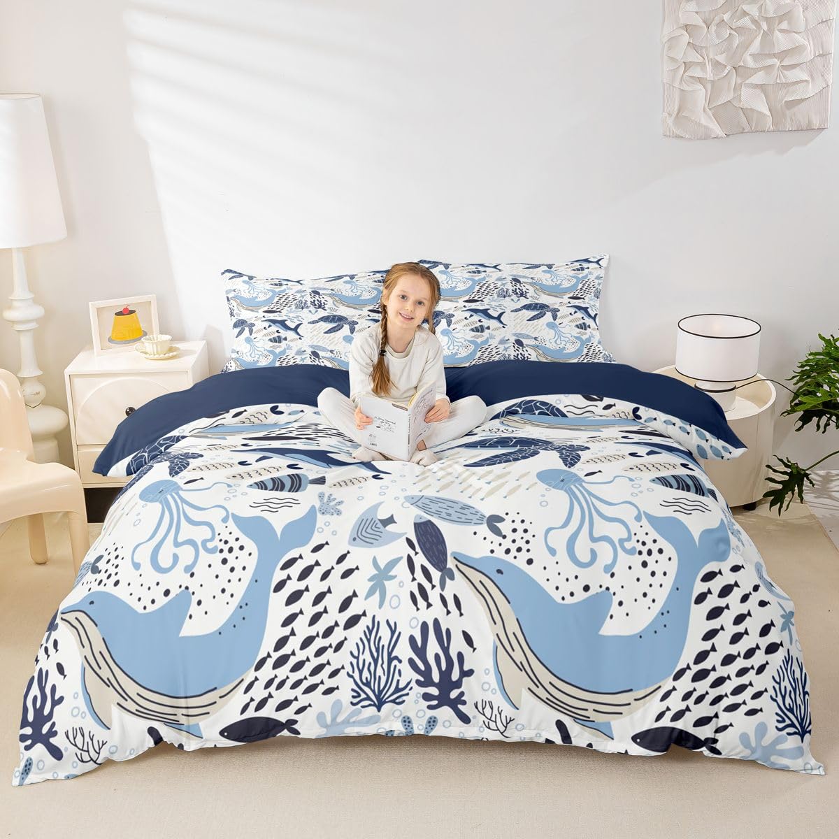 Erosebridal Turtle Bedding Sets King White Blue Whale Decor Teen Duvet Cover Set,Octopus Pattern Ocean Theme Comforter Cover Set Underwater Children Comforter Cover for Adult Kids Girls Boys