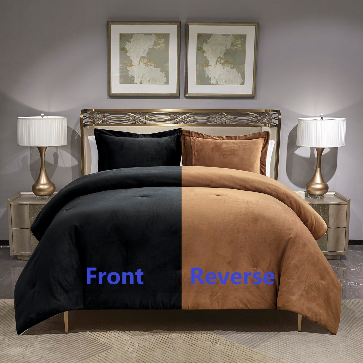 HUMESIIL Reversible Comforter Set, Poly Plush Fabric for Both Front and Reverse, with Downalternative Fill, 3 Pieces King 106"x96", Black Caramel