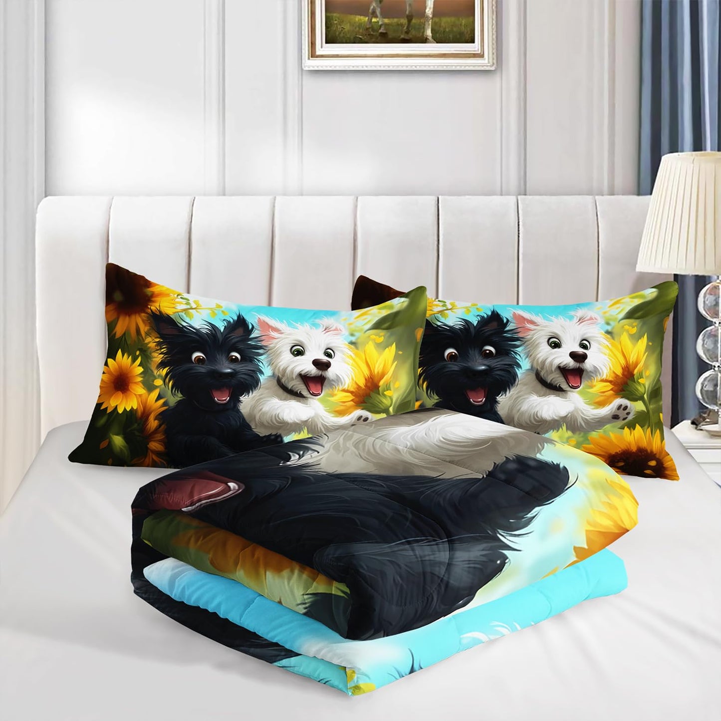 UEVBF White and Black Dog Comforter Set for Kids Room Decor,Cute Dog Sunflower Flower Bedding Queen Size Bed Sets,Kawaii Cartoon Pet Animals Comforter Set with 2 Pillowcases.
