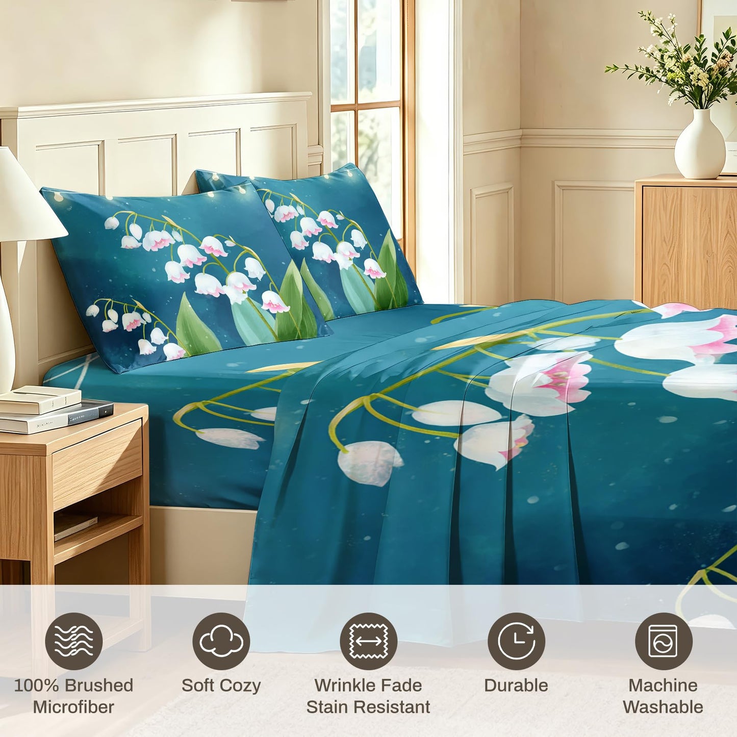 Lily of The Valley‌ King Sheet Set Flower Flat Fitted Sheet Sets