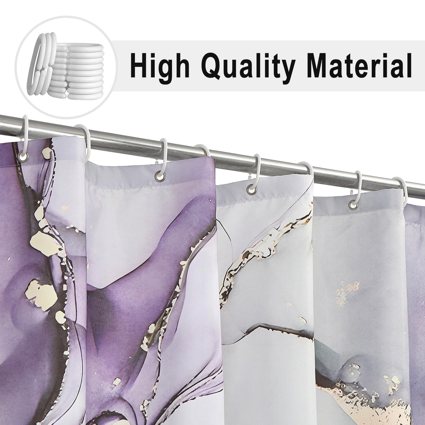 CRTPOD Purple Marble Shower Curtain, Modern Abstract Luxury Purple Gold Ink Texture Watercolor Art Bathroom Curtains Ombre Machine Washable Waterproof Fabric Bathtub Curtain Set with Hooks 72" Wx72 L