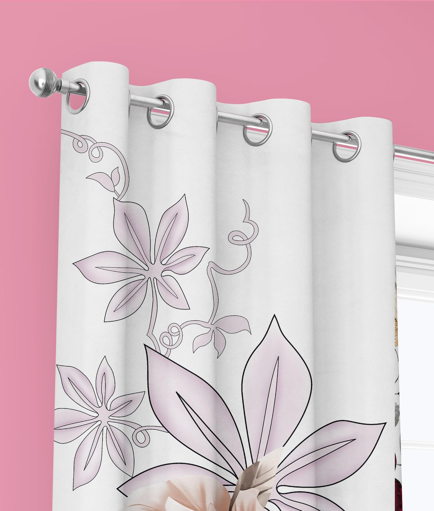 Reylox Pink Rose Floral Curtains with Grommets, 6 Pcs Set (2 Print Curtains, 4 Solid Curtains, 38"x84"), Patterned Decorative Curtains for Bedroom, Machine Washable Elegant Curtains