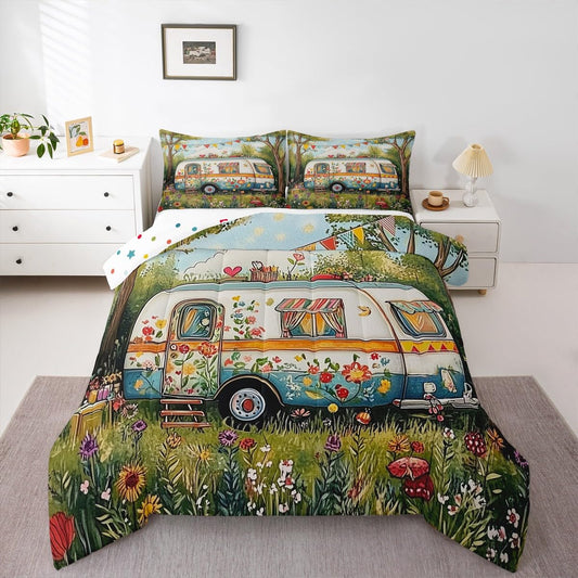 Erosebridal Happy Camping Comforter Set for Kids Boys Girls Camping Accessories Bedding Rv Camper Decor Duvet Set Watercolor Floral Flowers Comforter King with 2 Pillowcases