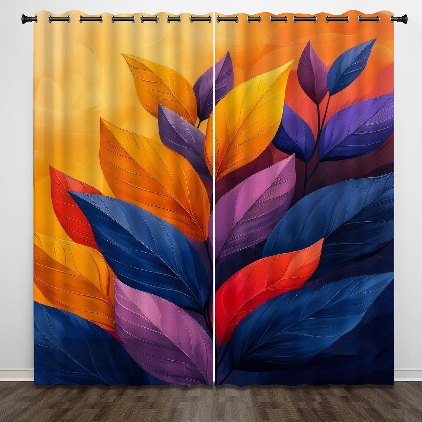 Colorful Plant Leaves Blackout Curtains, Yellow Brown Background Window Curtain Set of 2 Panels, 3D Printed Darkening Thermal Insulated Drapes for Bedroom Home Living Room(52" W x 84 "L)
