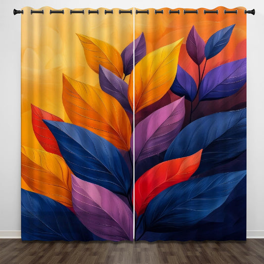 Colorful Plant Leaves Blackout Curtains 2 Panels, Yellow Brown Background 3D Printed Drapes with Grommet Darkening Thermal Insulated Window Draperies for Living Room Bedroom(104" W x 63 "L)