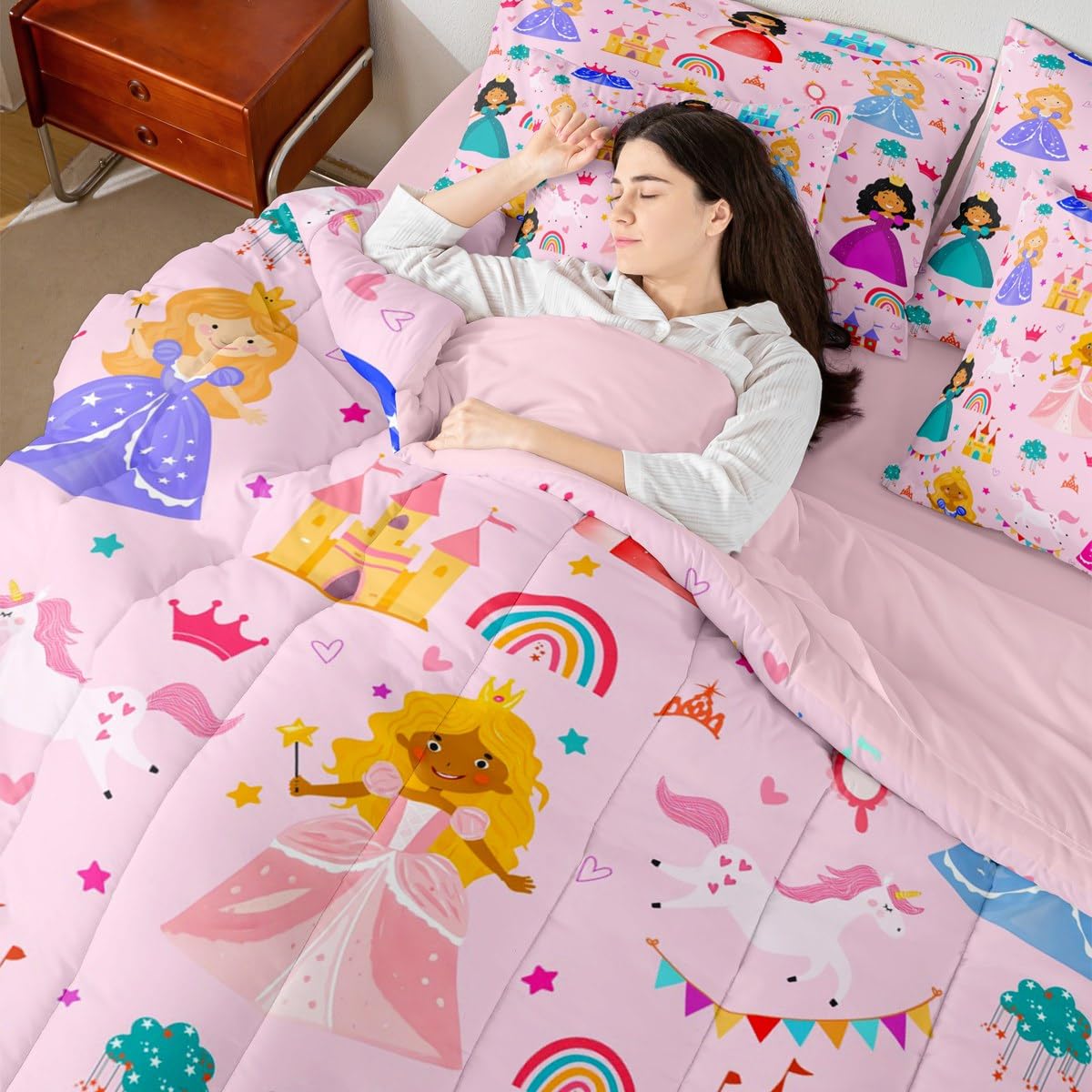 jejeloiu Cute Princess 7 Piece Bedding Set Queen Size Girly Loves Bed in a Bag for Boys Girls Bedroom Decor Pink Clound Rainbow Comforter Set with Sheets,Pillowcases & Cushion Cover Castle Soft
