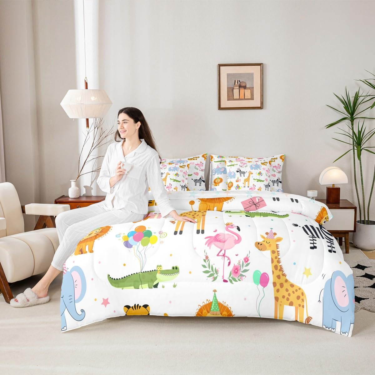 Erosebridal Party Animals 7 Piece Comforter Set Twin for Nursery | Funny Cartoon Wild Animals Bedding Set Kids Boys Girls Flamingo Giraffe Elephant Zebra Crocodile Sheets Love Heart Floral Quilt