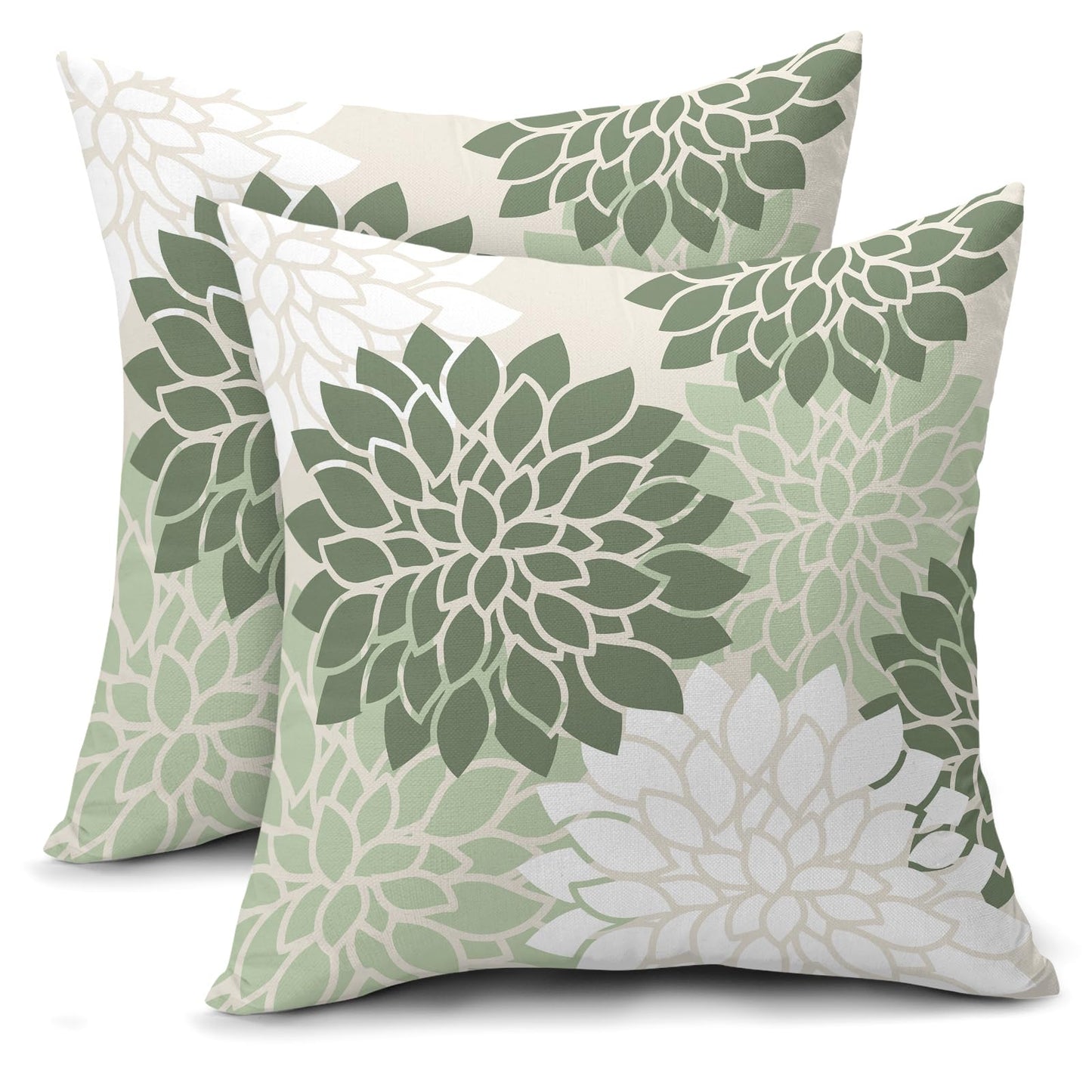 aportt Sage Green White Floral Pillow Covers 18X18 Inch Set of 2 Geometric Dahlia Flower Decorative Pillow Cases Modern Cotton Linen Cushion Case Farmhouse Home Decor for Sofa Couch Bedroom