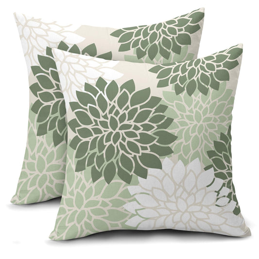 aportt Sage Green White Floral Pillow Covers 18X18 Inch Set of 2 Geometric Dahlia Flower Decorative Pillow Cases Modern Cotton Linen Cushion Case Farmhouse Home Decor for Sofa Couch Bedroom