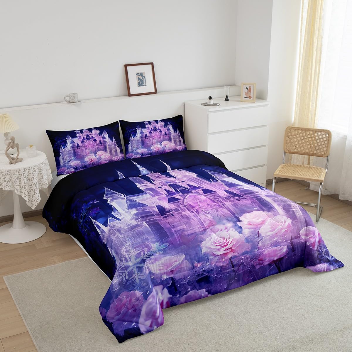 Erosebridal Purple Pink Princess Twin Bedding Set for Girls Kids,Romantic Rose Floral Comforter Set for Women,Magical Castle Toddler Bedding Set Kawaii Room Decor,Snowflake Flowers Quilt Bed Set 2Pcs