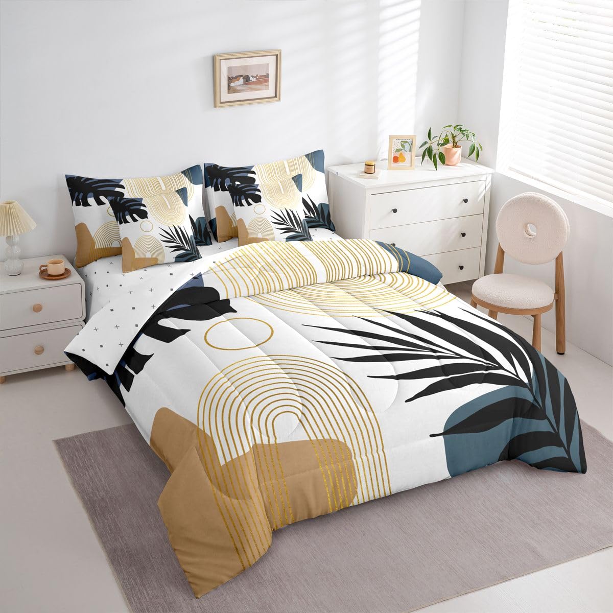 Erosebridal Abstract Tropical Full Comforter Set with Sheets, Chic Boho Plant Palm Leaf 7 Pcs Bedding Set, Bohemian Mid Century Simple Minimalist Bed in A Bag, Modern Geometric Aesthetic Bed Sets