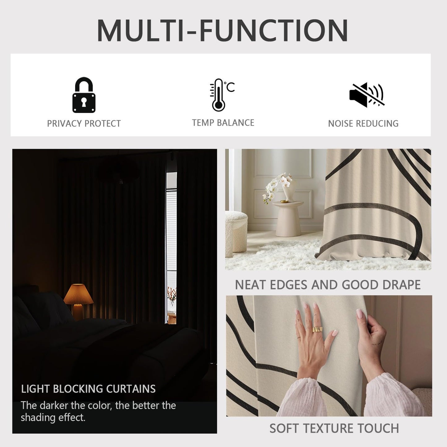 Modern Curtains Blackout, Abstract Line Curtains, Contemporary Neutral Curtain for Windows, Minimalist Japandi Wabi-Sabi Drapes for Bedroom Living Room, Grommet Curtain 84 Inches Long 2 Panel Set
