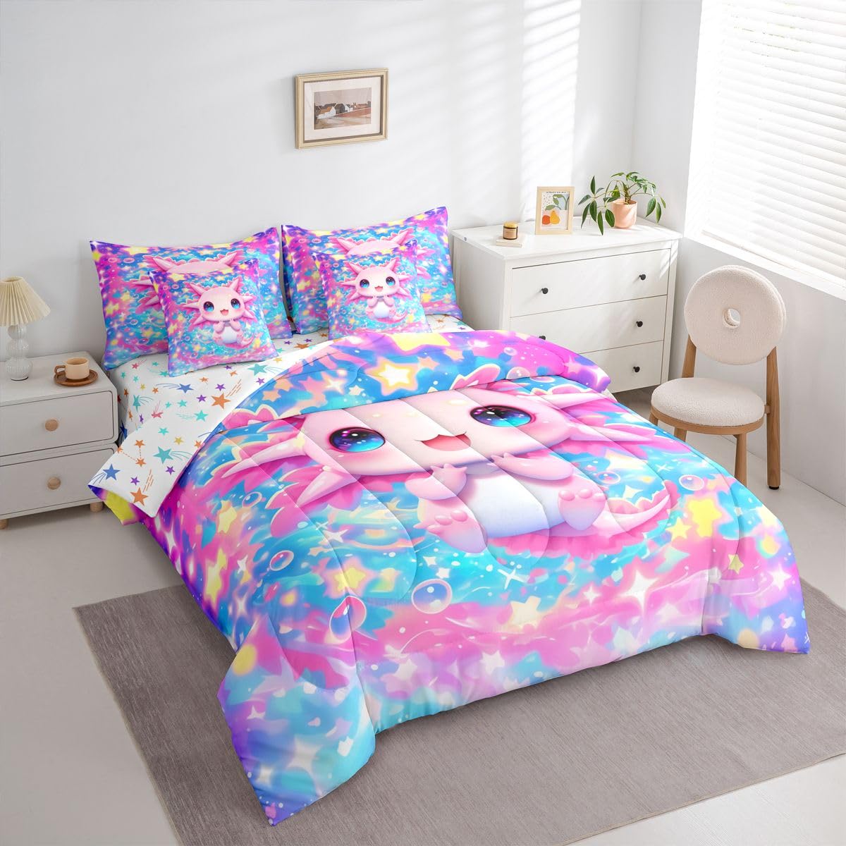 Kids Cute Axolotl Queen Bedding Set for Girls Teens Pink Axolotl Comforter Set with Flat and Fitted Sheet Dreamy Princess Rainbow Galaxy 7-Piece Bed in a Bag Cartoon Bubble Stars Sky Quilt Sets