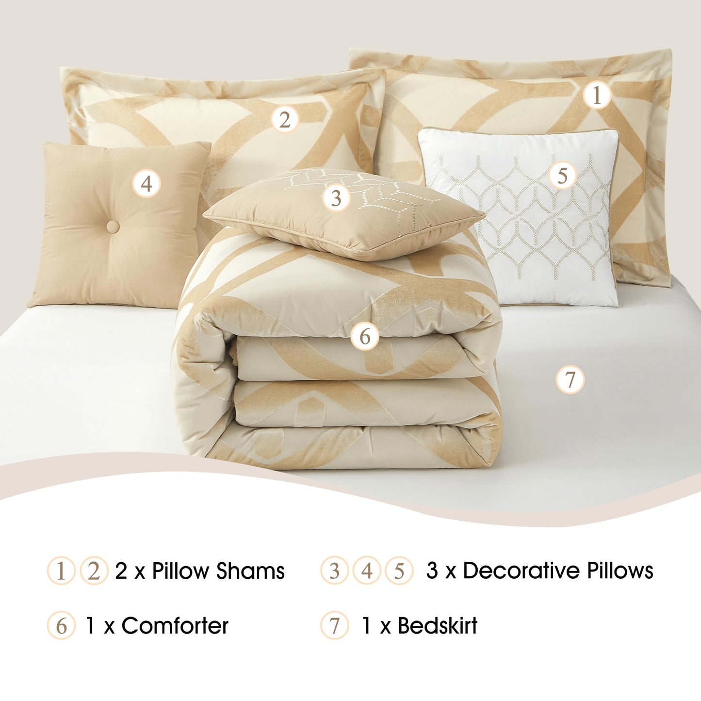 Stratford Park Grand Avenue Gold Comforter Set King, Polyester Geometric 7 Piece Bedding, Jacquard with Matching Solid Microfiber Piece Work, All Season Bedding Sets, Matching Bedskirt, Pillow Shams