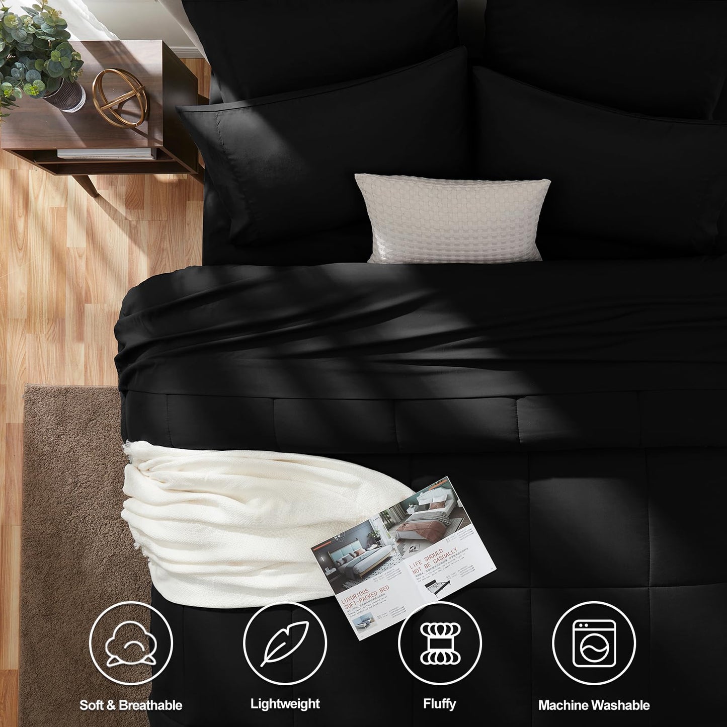 CozyLux Queen Comforter Set Black, 7 Pieces Bed in a Bag, Black Comforters Queen Size, All Season Bedding Sets with Stitch Quilted Comforter, Flat Sheet, Fitted Sheet, Pillowcases
