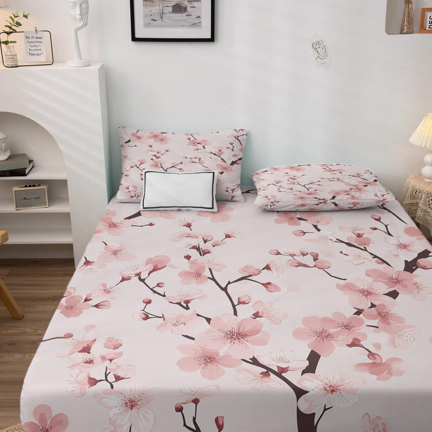 NOGAWA Cherry Blossom Sheets Queen, Pink Flower Floral Bed Sheets, Deep Pocket & Soft Microfiber Bedding Sheets & Pillowcases 4 Piece - Fitted Sheet & Flat Sheet & 2 Pillow Cases