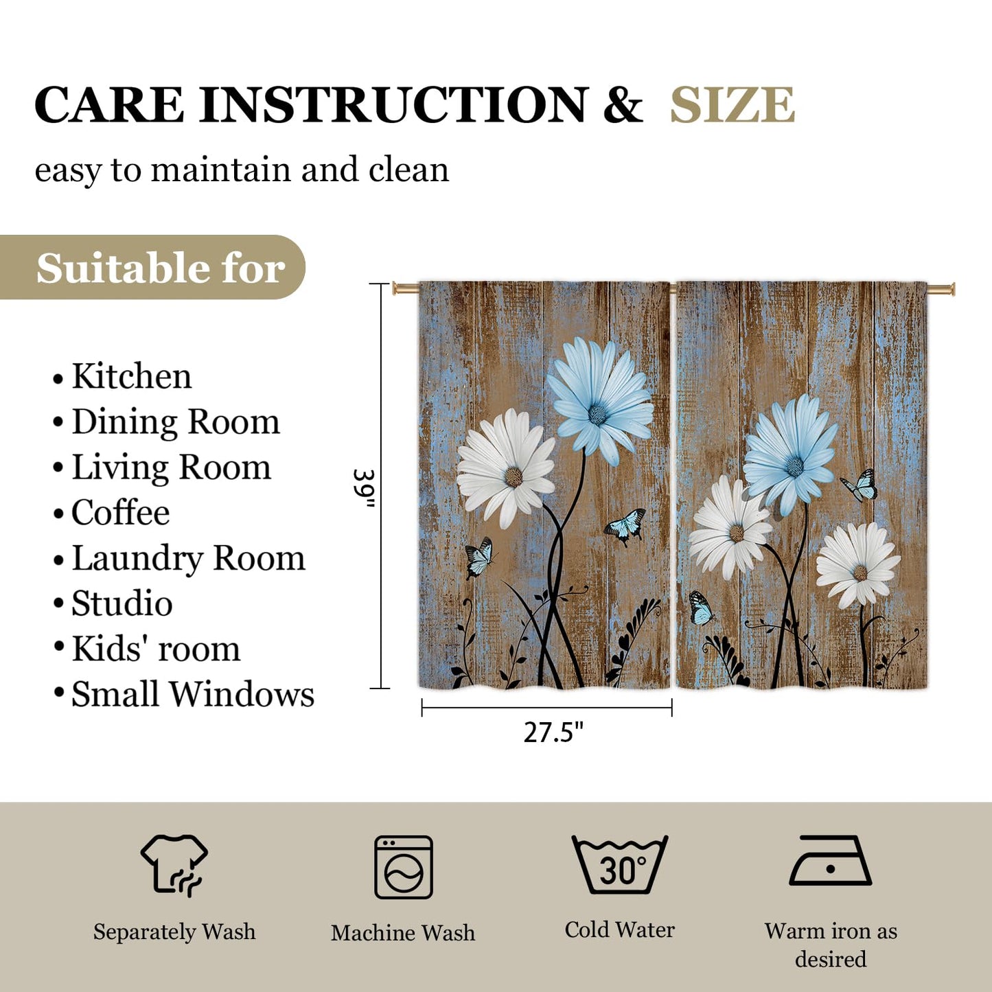 Cizuug Blue Farmhouse Daisy Curtains KitchenWooden Barn Plank Small Short Cafe Window Curtains Butterfly Rustic Country Spring Farm Bathroom Drapes Treatment Tier Curtains 2 Panels