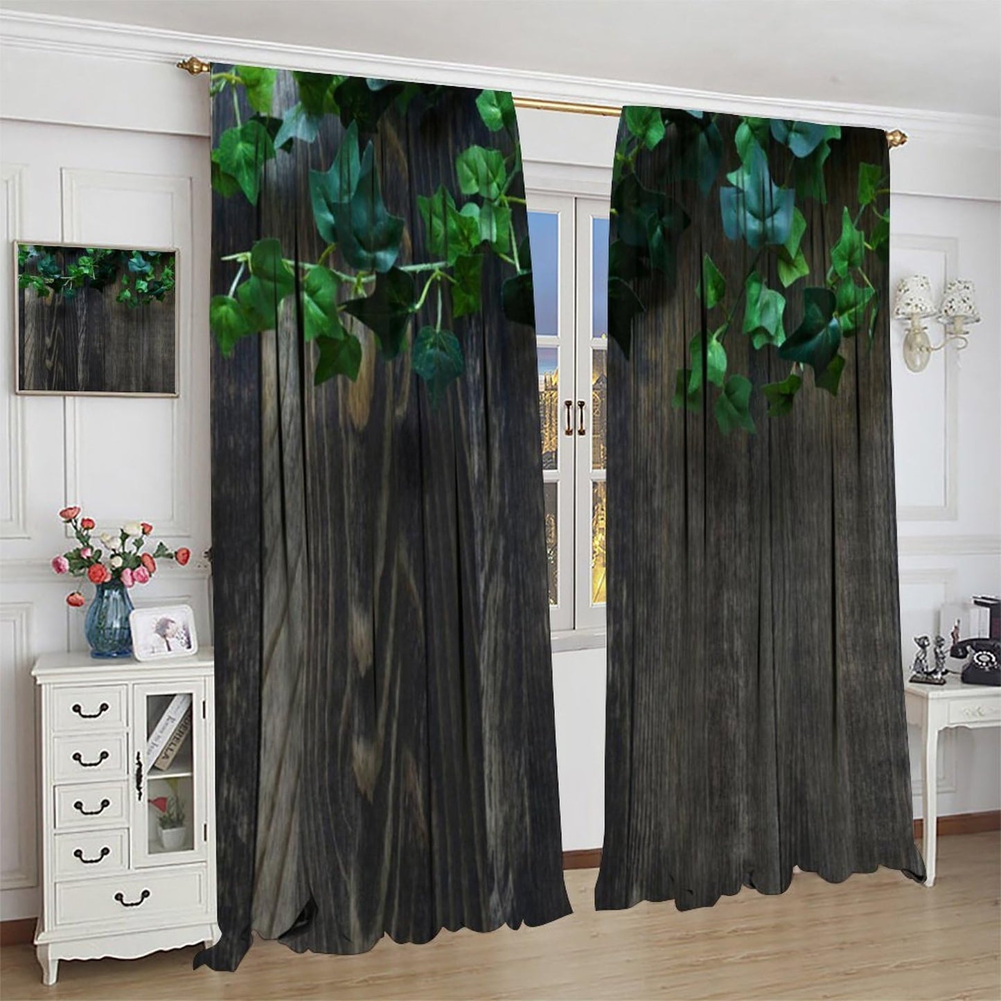 Rustic Barn Door Curtain, Nature Wooden Door Leaves Spring Farmhouse Pattern Print Decor Rod Pocket Window Treatments, for Living Room Bedroom Kitchen 42" W X 45" L