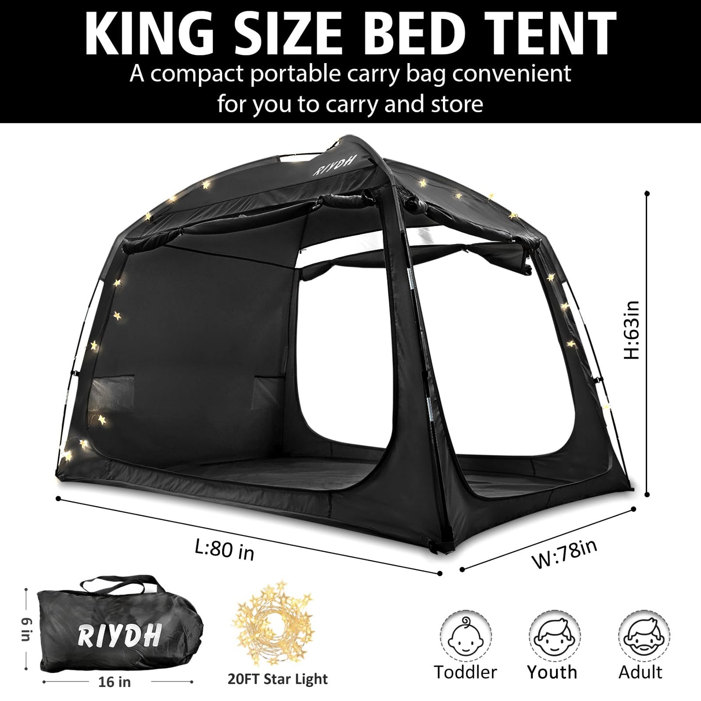 Bed Tent Bed Canopy Breathable 100% for Adult and Kids- Original Design Light Reduction 93% Sleeping Dream Tents Indoor Portable Big Space with String Light 3 Doors Twin Full Queen King Size